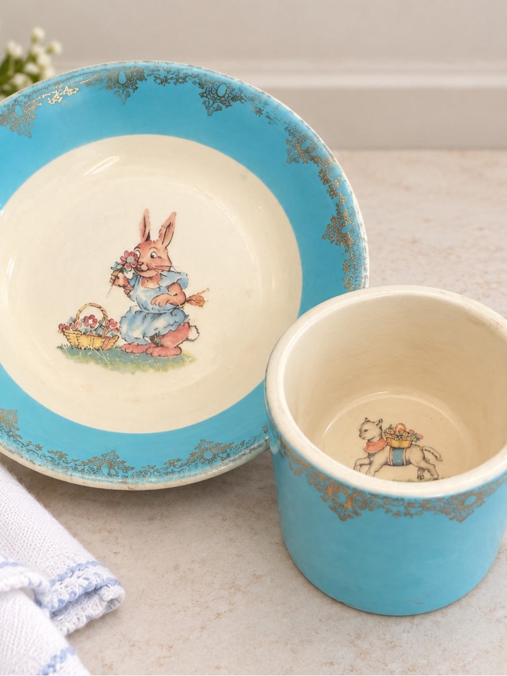 Antique Salem China Childโs Bowl & Cup 23K Gold Gilt